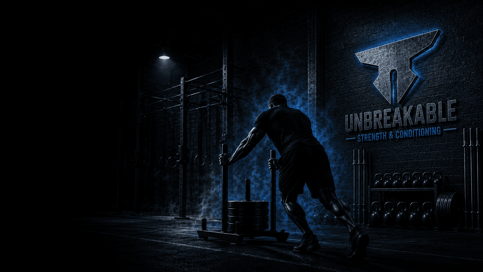 Unbreakable Strength and Conditioning athlete pushing a sled